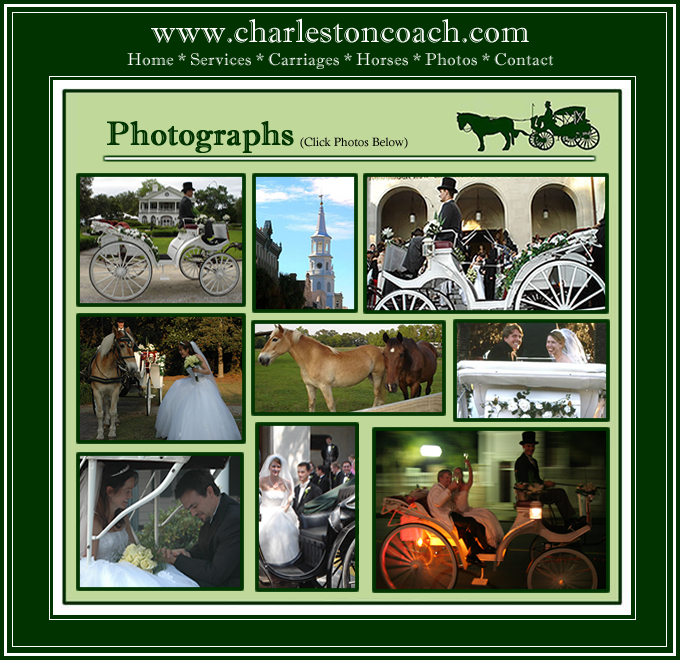 Charleston Coach is a luxury horse-drawn carriage service, specializing in distinctive weddings. Our carriage can be delivered to any location in the Charleston Area. Your Fairytale Awaits! (843) 709-0988
